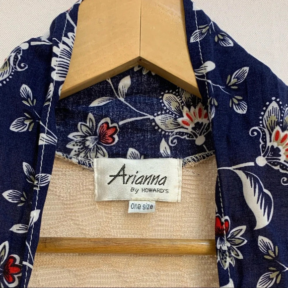 Arianna by Howard’s Tan Lace and Navy Blue Floral Kimono Duster - One Size - Picture 2 of 9